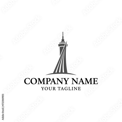 A minimalist black and white logo featuring a stylized tower with sweeping lines, representing a company name and tagline.