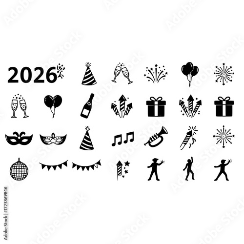 Celebrate new year 2026 with party hat fireworks balloons gifts champagne music and masquerade masks icons