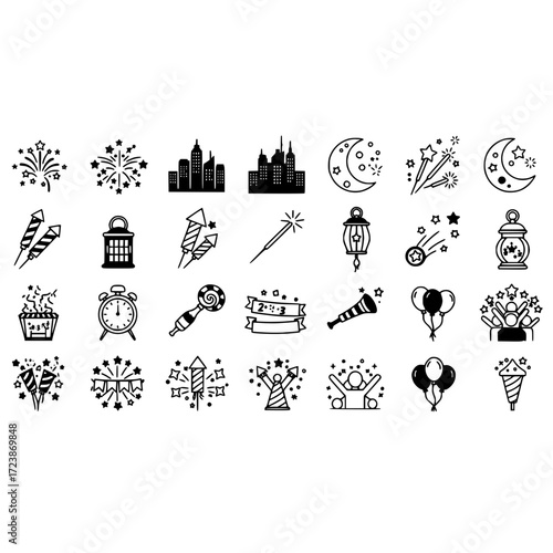 Celebration fireworks city skyline moon stars rocket sparkler lantern party balloons vector icon set graphic