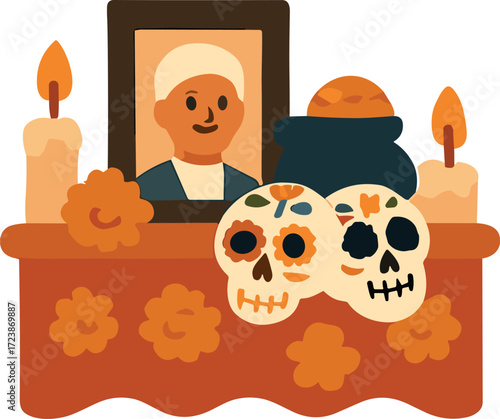 An illustration of a Día de los Muertos altar with candles, marigold flowers, decorated sugar skulls, bread, and a framed portrait.