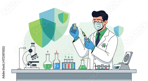 Illustration depicting a scientist developing a vaccine in a laboratory setting highlighting
