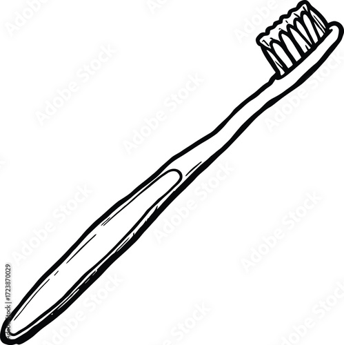 Toothbrush Vector Featuring Long Handle, Contoured Grip, and Clustered Bristles in Black and White Line Art Style