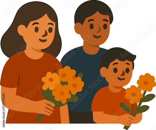 An illustration of a family holding marigold flowers, symbolizing offerings for Día de los Muertos.