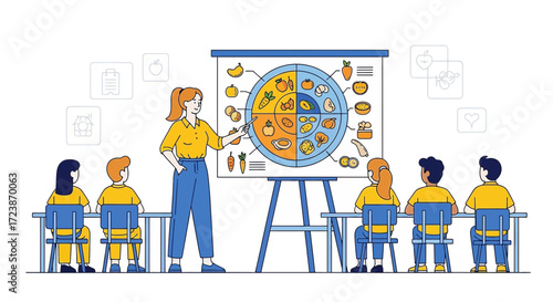 Illustration depicting a teacher educating students about the importance of a balanced diet in class