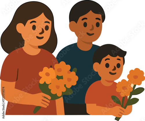 An illustration of a family holding marigold flowers, symbolizing offerings for Día de los Muertos.