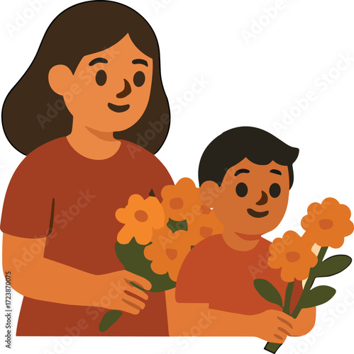 An illustration of a woman and a child holding marigold flowers as offerings for Día de los Muertos.