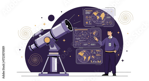 Illustration featuring an astronomer with a telescope and cosmic data screens for scientific