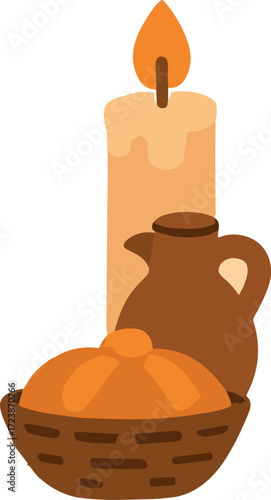 An illustration of a Día de los Muertos offering featuring a lit candle, a clay jug, and a basket with pan de muerto bread.