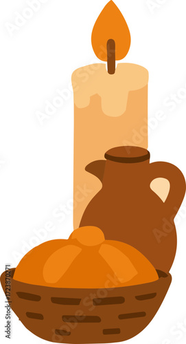 An illustration of a Día de los Muertos offering featuring a lit candle, a clay jug, and a basket with pan de muerto bread.