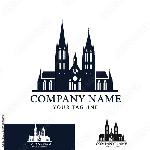 Gothic cathedral silhouette logo design template for a company brand, featuring twin spires and placeholder text.