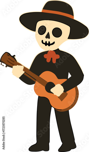 An illustration of a skeleton mariachi musician wearing a sombrero and playing a guitar, symbolizing festive Día de los Muertos celebrations.