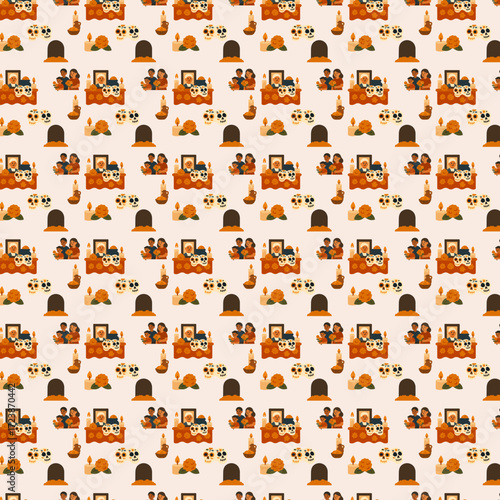 The image depicts a seamless Día de los Muertos pattern featuring altars with candles, sugar skulls, flowers, framed portraits, marigolds, graves, and families honoring their loved ones.