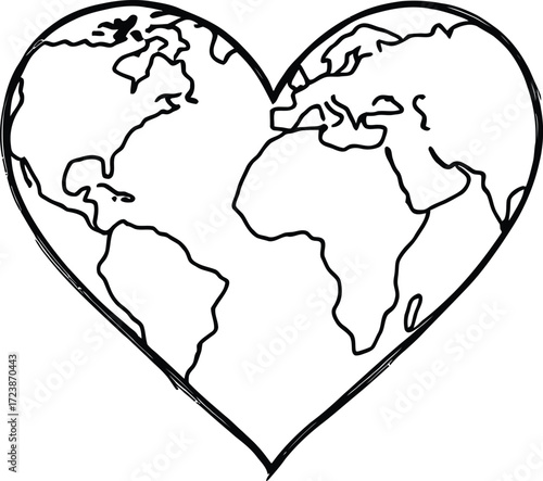 Heart-Shaped World Map Vector Featuring Global Continents in Black and White Line Art Symbolizing Unity and Earth Love