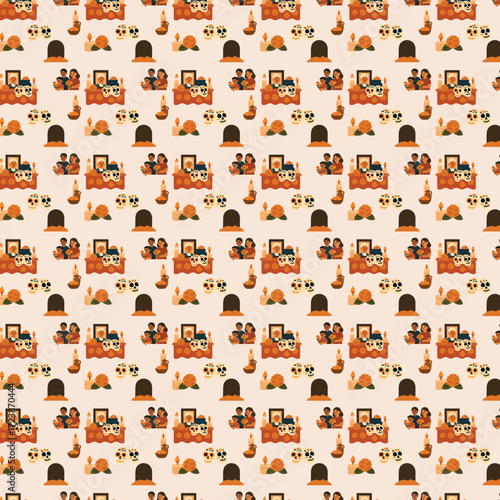 The image depicts a seamless Día de los Muertos pattern featuring altars with candles, sugar skulls, flowers, framed portraits, marigolds, graves, and families honoring their loved ones.