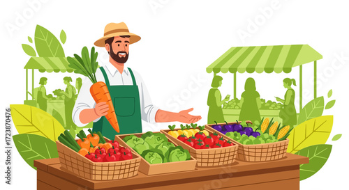 Illustration of a farmer selling fresh produce at an outdoor market with customers buying organic