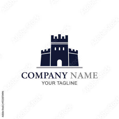 Fotografie A professional logo design featuring a dark blue castle silhouette with placeholder text for a company name and tagline