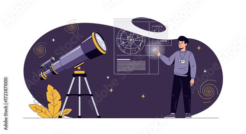 Illustration of a man using a telescope to study the stars and celestial phenomena