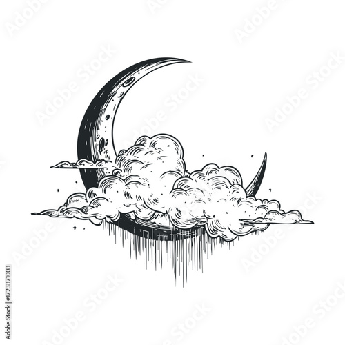 Hand-drawn crescent moon obscured by heavy, stormy clouds.