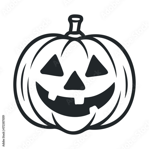 Simple black and white line drawing of a smiling pumpkin.