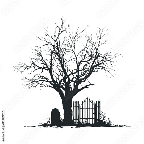 Silhouette of a dead tree, iron gate, and gravestone.