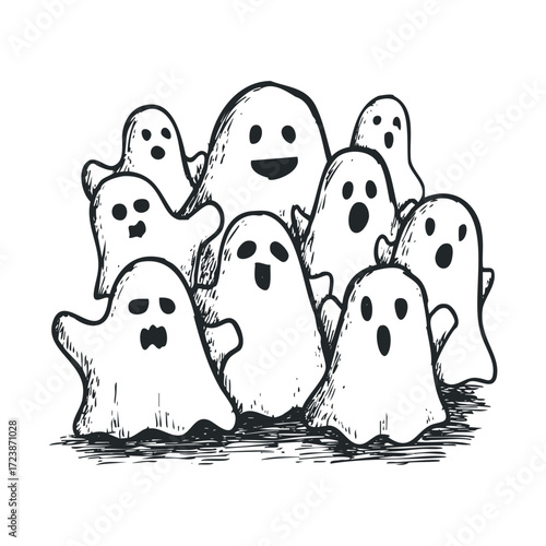 Sketch of a crowd of cute, expressive cartoon ghosts.