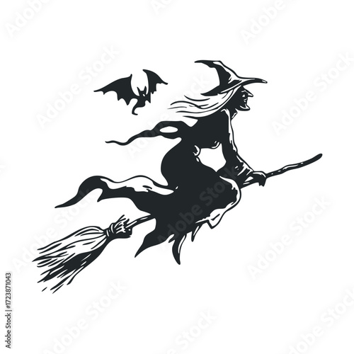 Silhouette of a cackling witch flying on a broom with a bat.