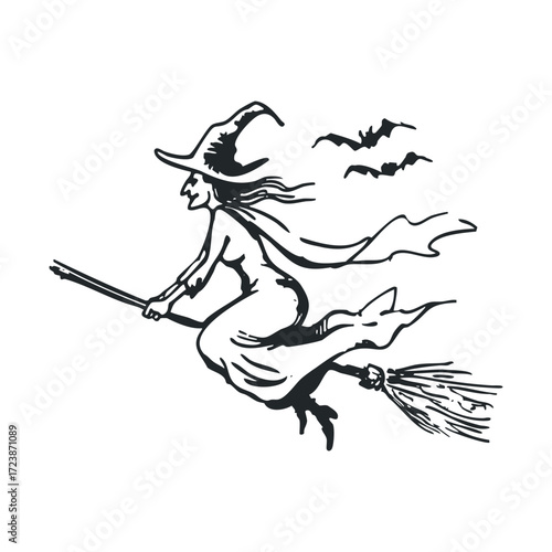 Black and white sketch of a witch flying on a broomstick.
