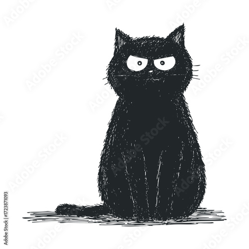 Shaggy sketch of a grumpy, black cat with an angry scowl.