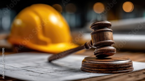 Judge gavel with construction helmet on architectural plans