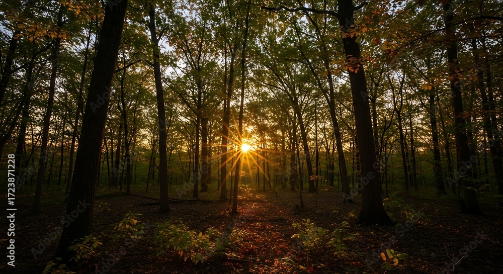 Obraz premium Sunbeams Pierce Dense Forest Path.