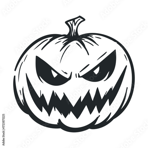 Aggressively smiling carved pumpkin icon in line work.