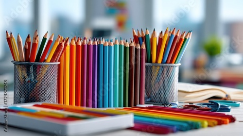 Collection of colorful pencils and stationery on modern desk