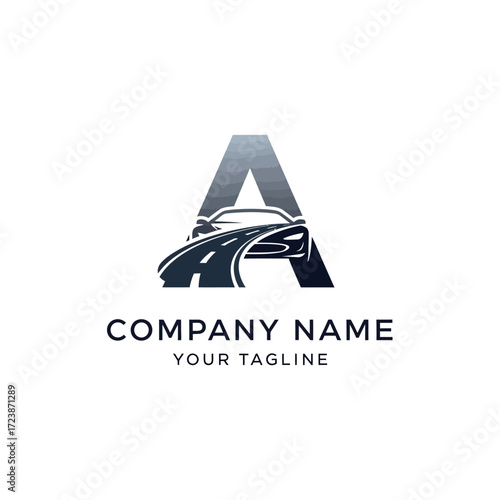 Automotive logo concept featuring a modern car on a winding road integrated into the capital letter A.