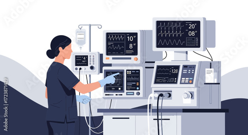 Illustration of a nurse operating medical monitoring equipment in a hospital setting showcasing