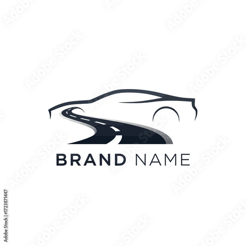 Car logo design featuring a sleek vehicle outline and winding road.
