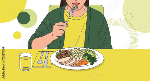 Illustration of a person enjoying a healthy and balanced meal with colorful vegetables