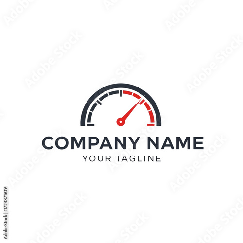 A modern logo design featuring a semi-circular speedometer gauge with a red needle pointing to high speed.