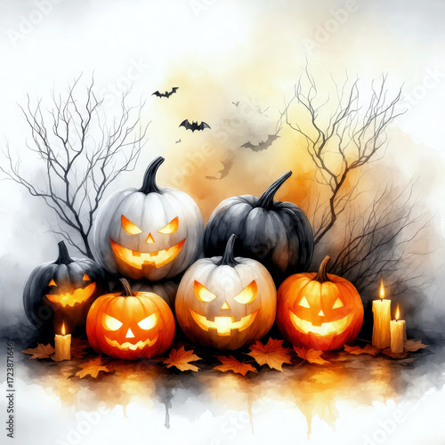 Elegant seasonal arrangement with pumpkins, candles and autumn leaves in warm Halloween atmosphere. Perfect holiday illustration.