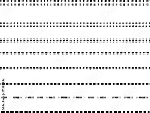 Pixel Density Line Pattern Vector Featuring Horizontal Rows of Dots and Squares in Varying Spacing and Resolution Styles
