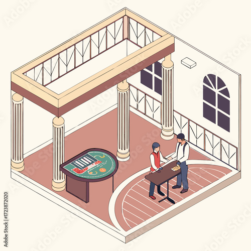 Vector isometric illustration of casino interior with card table croupier and player inside luxury room