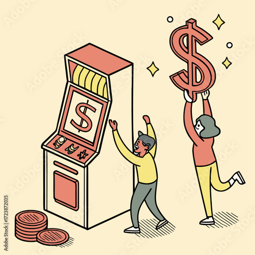 Vector illustration of people celebrating a win at a slot machine with coins and a giant dollar sign.