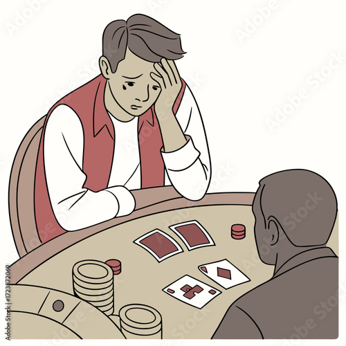 Vector illustration of a disappointed gambler at a poker table holding his head after losing money
