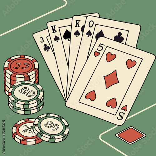 Vector illustration of poker playing cards and colorful casino chips on a green gambling table, perfect for casino, poker, and gambling themes.
