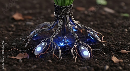 Closeup of a futuristic plant root system with glowing blue nodes embedded in dark soil, representing advanced biotechnology