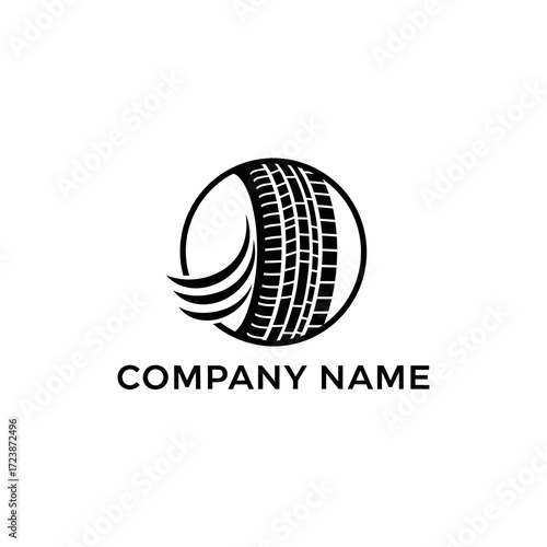 Black and white logo featuring a tire tread design inside a circle with swoosh elements and text.