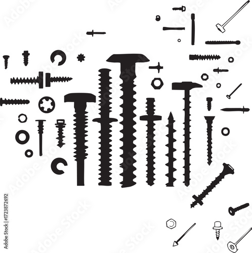  Large collection of various screw, bolt, washer, and rivet silhouettes showing different threading and heads.