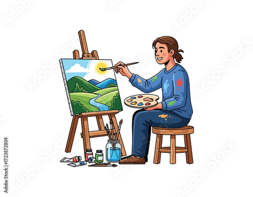 Young artist skillfully paints a vibrant landscape scene with mountains, river, and trees on an easel, holding palette and brush, surrounded by art supplies