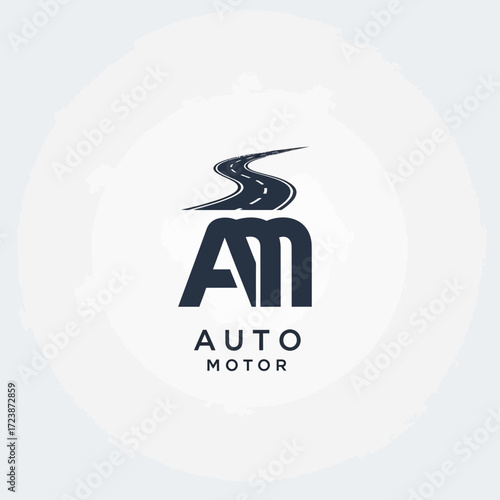 A logo for an automotive company, AM Auto Motor, featuring a winding road over a stylized monogram.