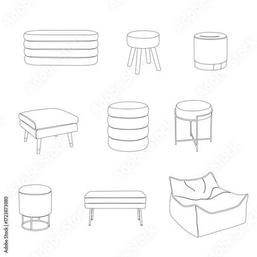 Poufs and ottomans vector set, different sizes and styles of seating furniture