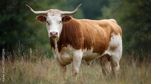 Brown and white cow standing in green field surrounded by tall grass with trees in the background and a soft, diffused light illuminating the scene beautifully.